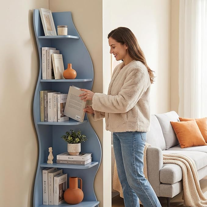 Arvolia 70 Inch Corner Shelf Stylish Design,Modern 5-Tier Wall Corner Bookshelf,Stylish Corner Small Bookcase Storage Rack Plant Stand with Unique Shape for Home Office (Blue)