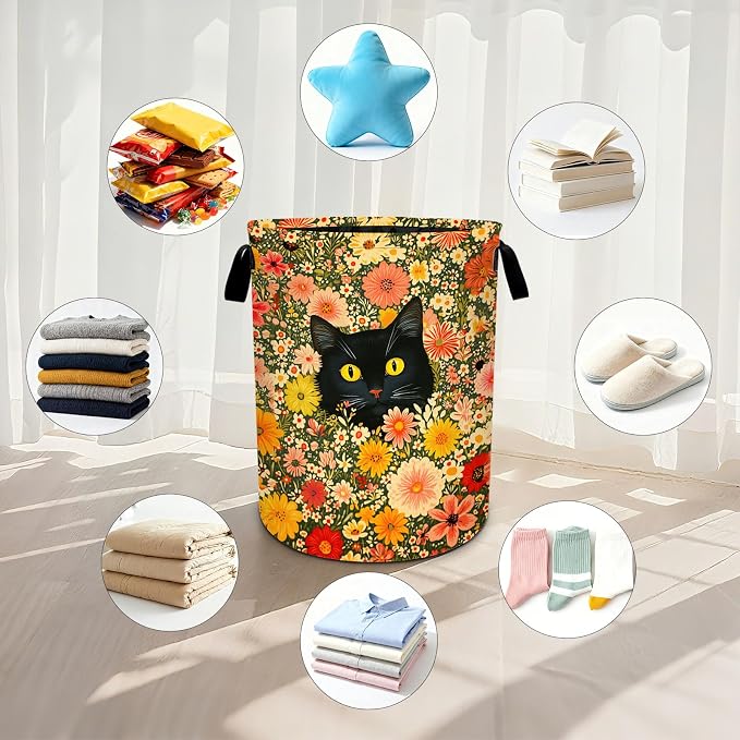 Cat Flower Laundry Basket Waterproof Laundry Hamper Foldable Laundry Bag with Handles for Bedroom, Bathroom, Office, Clothes Storage