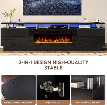 80" TV Stand for Living Room, Large Entertainment Center & Media Console, Fits TVs up to 90", Storage Cabinet with Shelves, 36" Electric Fireplace (All Black)