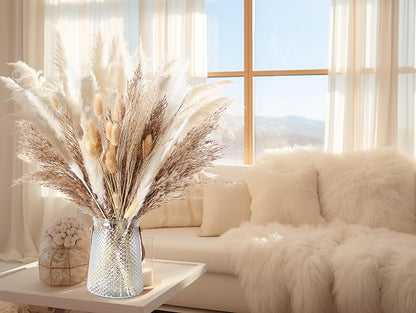 100 Stems Dried Pampas Grass, Boho Table Decor Natural Reed Phragmites Grass, Fluffy Large Pampas Grass, Bunny Tails Flowers Bouquet for Wedding Floral Arrangements Farmhouse Home, Wall Rustic Party