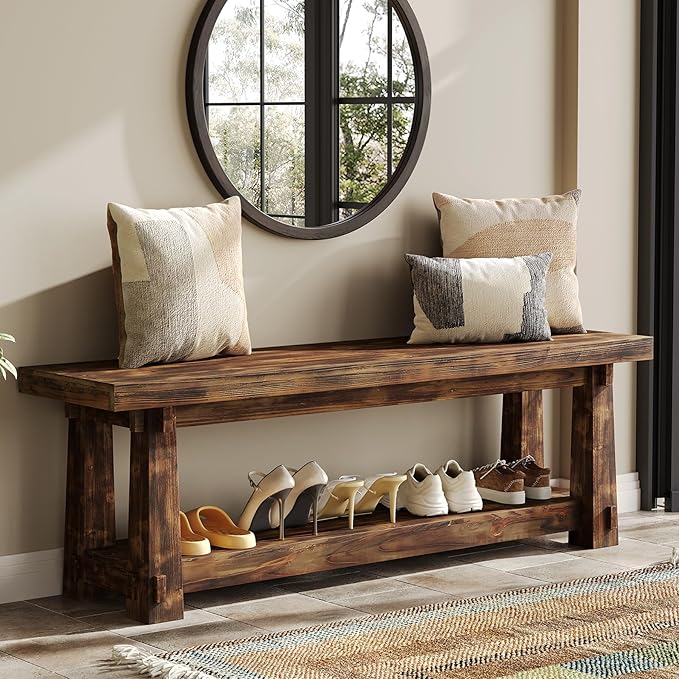 55" Solid Wood Entryway Bench with Shoe Storage, Rustic Charred Wood Grain Foyer Bench with Open Shelf for Hallway, Mudroom, Bedroom, Easy Assembly