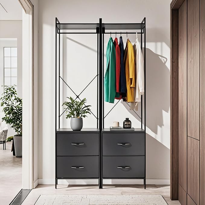 Clothing Rack with 2 Fabric Drawers - Black Steel Frame & Wood Shelf - Durable Clothes Stand Organizer with Hanging Rod - Space-Saving Closet Storage for Shirts, Dresses & Jackets