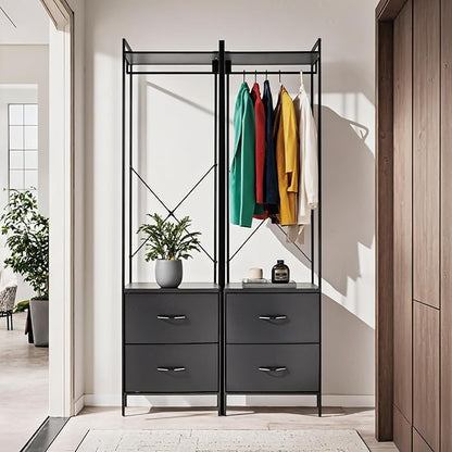 Clothing Rack with 2 Fabric Drawers - Black Steel Frame & Wood Shelf - Durable Clothes Stand Organizer with Hanging Rod - Space-Saving Closet Storage for Shirts, Dresses & Jackets