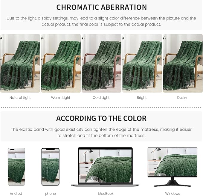 BOURINA Green Throw Blanket 50 x70 Inches Jacquard Argyle Throw Textured Solid Soft Throws and Blankets for Sofa or Bed Knitted Decorative Blanket