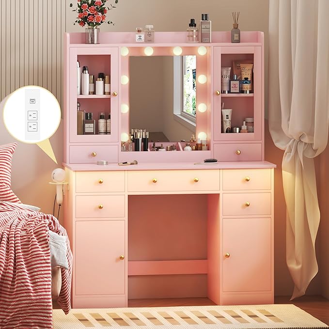 Vanity Desk with Mirror and Lights, Pink Vanity with Lighted Mirror & Power Outlet and 7 Drawers, 3 Color Modes Adjustable, Makeup Dressing Table Set with Lights for Girls Women