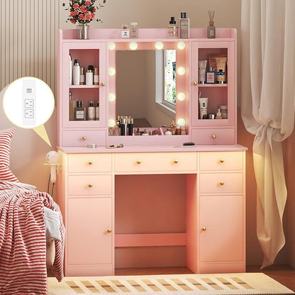 Vanity Desk with Mirror and Lights, Pink Vanity with Lighted Mirror & Power Outlet and 7 Drawers, 3 Color Modes Adjustable, Makeup Dressing Table Set with Lights for Girls Women