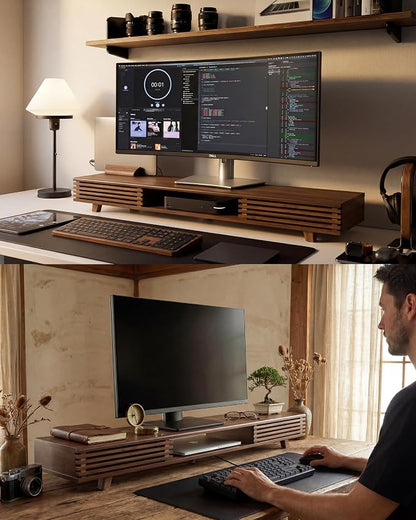 42" Dual Monitor Stand with Sliding Doors Desk Shelf Dark Bamboo | Ergonomic Relief Easy Assembly Solid Construction Cozy Workplace Computer Setup Desk Organizer High Load-bearing
