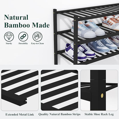 Smiry Bamboo Shoe Rack, 5 Tier Free Standing Wooden Shoe Organizer, Stackable Wood Shoe Storage Shelf for Closet, Entryway, 14 Vertical Slats, 2+2+1 Stack Heavy-Duty Legs, 26.8"x11"x32.5", Black