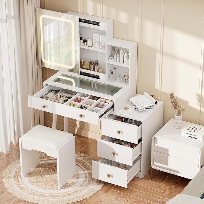 KAMABOKO Vanity Desk with Sliding Mirror and Lights, Makeup Vanity Table with 4 Drawers & Storage Rack &Power Outlet & Stool, White Dressing Table with Glass Transparent Top for Bedroom