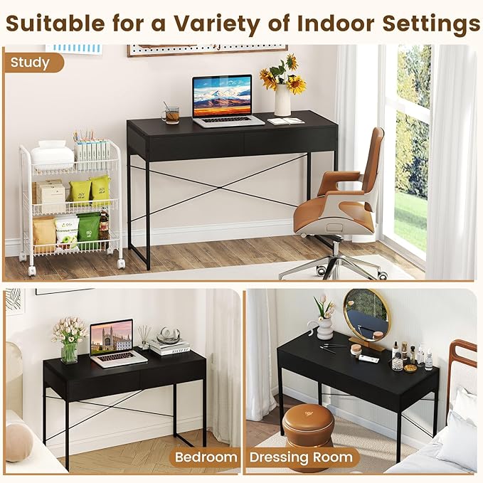 GOFLAME Modern 2-Drawer Computer Desk, Home Office Desk w/Reinforced Heavy-Duty Metal Frame, Versatile Study Writing Desk w/Anti-Tip Kit, Ideal for Bedroom, Study, Office, Small Spaces, Black
