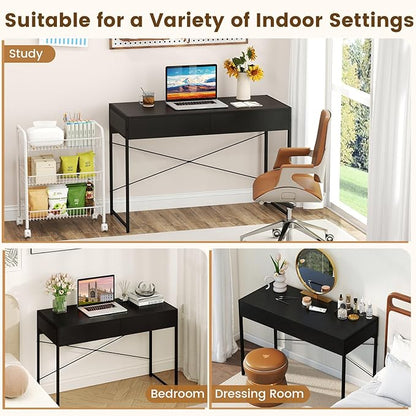 GOFLAME Modern 2-Drawer Computer Desk, Home Office Desk w/Reinforced Heavy-Duty Metal Frame, Versatile Study Writing Desk w/Anti-Tip Kit, Ideal for Bedroom, Study, Office, Small Spaces, Black