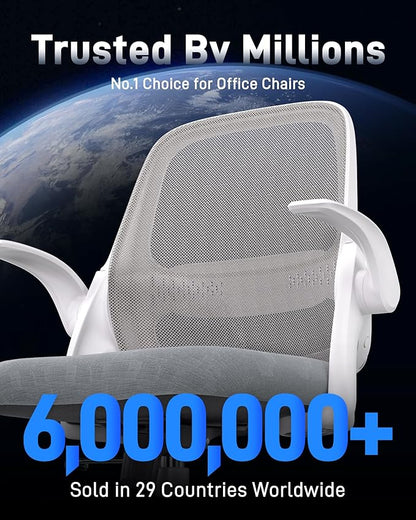 Ergonomic Mesh Office Chair for Home Office, Flip-Up Arms, Breathable Mesh Back & Thick Seat Cushion, Swivel Rolling Computer Desk Chair – BIFMA Certified, Supports 300 lbs (White Frame/Gray Seat)