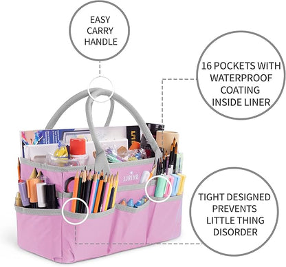 JJRING Craft and Art Tote - 600D Pink Nylon Fabric Art Sewing Organizer Bag with Pockets - for Craft, Scrapbooking, Medical, and Office Supplies Storage
