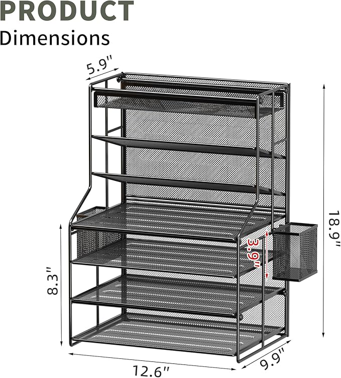 7 Tier Desk File Organizer,Metal Document Holder with Adjustable Shelves, Pull-Out Drawer & Removable Pen Holder for Office Organization,Black
