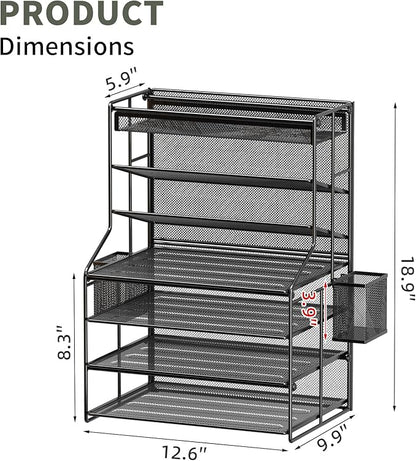 7 Tier Desk File Organizer,Metal Document Holder with Adjustable Shelves, Pull-Out Drawer & Removable Pen Holder for Office Organization,Black