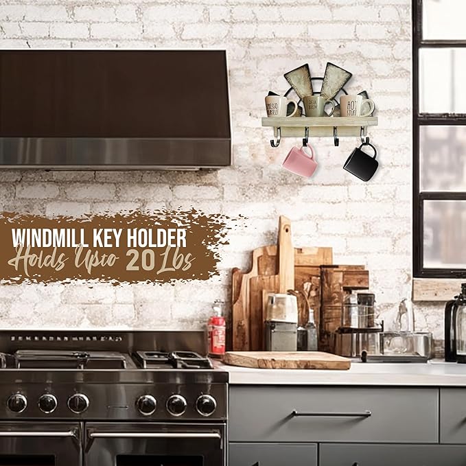 RootyHeart Windmill Key Holder Wall Mount, Decorative Wall Mounted Key and Mail Rack with Shelf, Farmhouse Wall Decor, 4 Rustic Hooks for Coats & Keys, Gray Western Key Holder