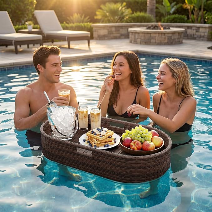 Greesum Wicker Pool Floating Tray, 38”x20” Oval Portable Serving Tray for Holding Fruits, Drinks & Essentials, Suitable for Pool Activities, Bathtub, Hot Tub, Beach Parties, Brown