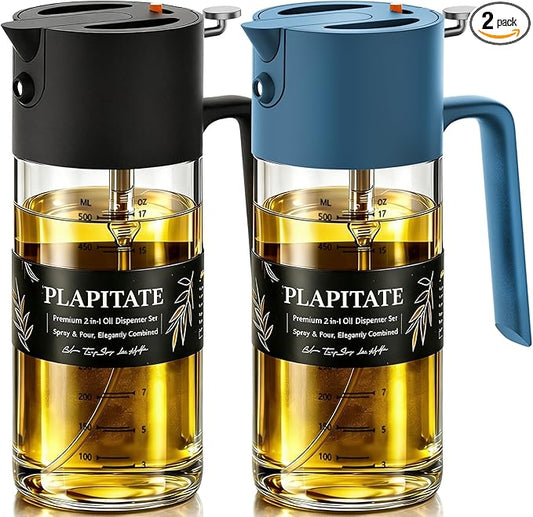 2Pcs 17oz Premium Olive Oil Sprayer for Cooking, 2 in 1 Glass Olive Oil Dispenser Bottle for Kitchen Gadgets, Spray Bottle with Portion Control for Salad, Frying, BBQ (Black & Blue)
