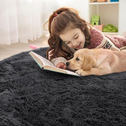 OLANLY Black Round Rugs for Bedroom - Machine Washable, 9 ft Circle Area Rugs for Living Room, Soft and Fluffy Shaggy Carpet for Teen Girls and Boys, Nursery Rooms, Dorms, Home Decor Aesthetic
