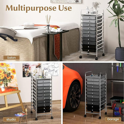 RELAX4LIFE Craft Organizers and Storage Cart - Rolling Cart with 10 Drawers, Lockable Casters for Tools, Trolley Cart with Wheels, Utility Cart for School, Home Office, Craft Cart (Gradient Black)