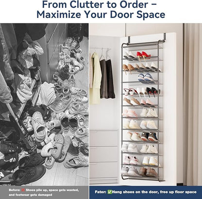 Whitmor 36 Pair Over The Door Shoe Organizer, 12 Tier Hanging Shoe Organizer, Heavy Duty Metal & Mesh Shoe Holder, Hanging Shoe Rack for Closet Organizer, 74" L x 21.7" W x 7.5" H, Matt Gunmetal
