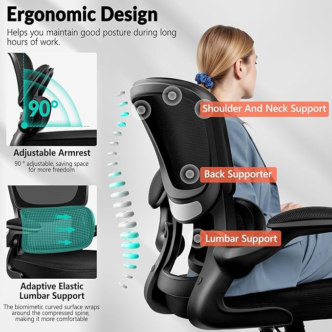 Office Chair Ergonomic Desk Chair, Breathable Mesh Comfy Chair with Lumbar Support, Computer Chair, Home Desk Chair with Flip-up Armrests, Gaming Chair for Adults Home Office (Black,8Pack)