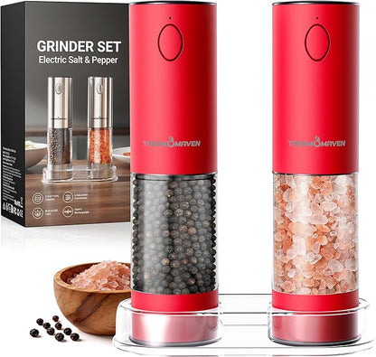 ThermoMaven Electric Salt and Pepper Grinder Set, 110ml Larger Rechargeable Automatic Salt and Pepper Mill Grinder with 6 Adjustable Coarseness, Electric Salt and Pepper Shakers, LED, 2 Packs, Red