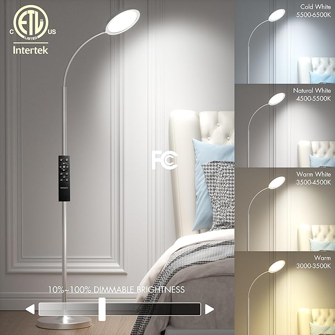 Silver Floor Lamp,Super Bright Dimmable LED Floor Lamps for Living Room, Custom Color Temperature Standing Lamp with Remote Push Button, Adjustable Gooseneck Reading Floor Lamp for Bedroom Office