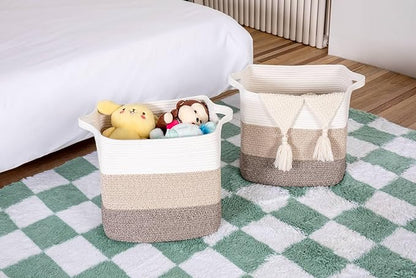 Laughbird Storage Baskets for Clothes Fabric Cotton Rope Storage Basket with Handles, Decorative Woven Basket for Living Room,Closet Organizer Blankets, and 2bags (Gradient Brown, L17.8×W12.5×H17.9)