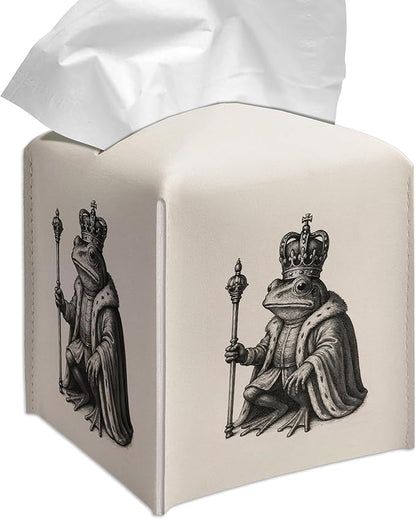 Grace Yonks Vintage Tissue Box Cover Square - Frog King Illustration Design 5.2" PU Leather Holder for Vanity, Desk, or Bathroom Counter - Cube Case for Facial Tissues. (117)