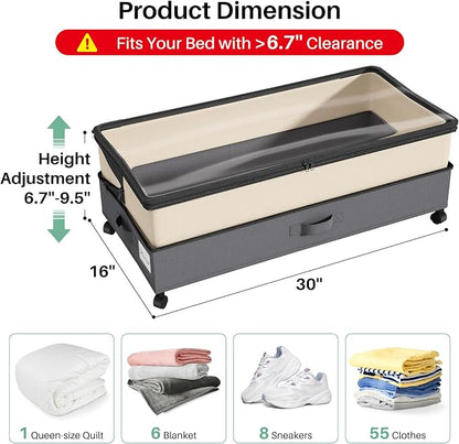 Kitstorack 4 Pack Height-adjustable Under Bed Storage with Wheels, Under Bed Storage Containers,Under Bed Shoe Storage Organizer with Clear Window&Label, Suitable for Clothes Storage, Beige & Gray