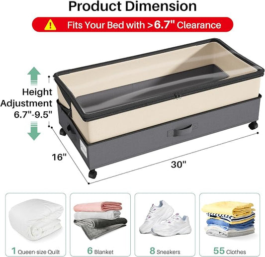 Kitstorack 4 Pack Height-adjustable Under Bed Storage with Wheels, Under Bed Storage Containers,Under Bed Shoe Storage Organizer with Clear Window&Label, Suitable for Clothes Storage, Beige & Gray