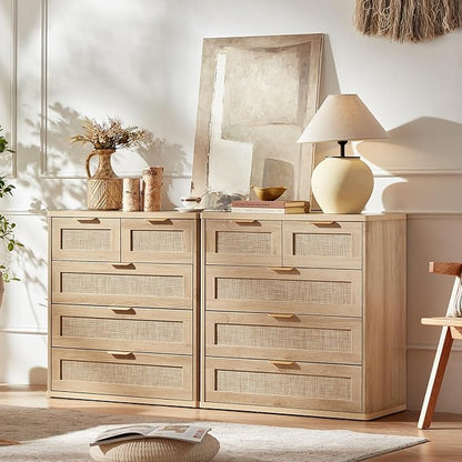 LEYAOYAO Rattan Dresser for Bedroom, 33.5" Tall Chest of Drawers, Modern 5 Drawers Boho Dressers with Storage, Light Oak Dresser Wooden Closet Organizer for Living Room, Hallway, Natural Wood