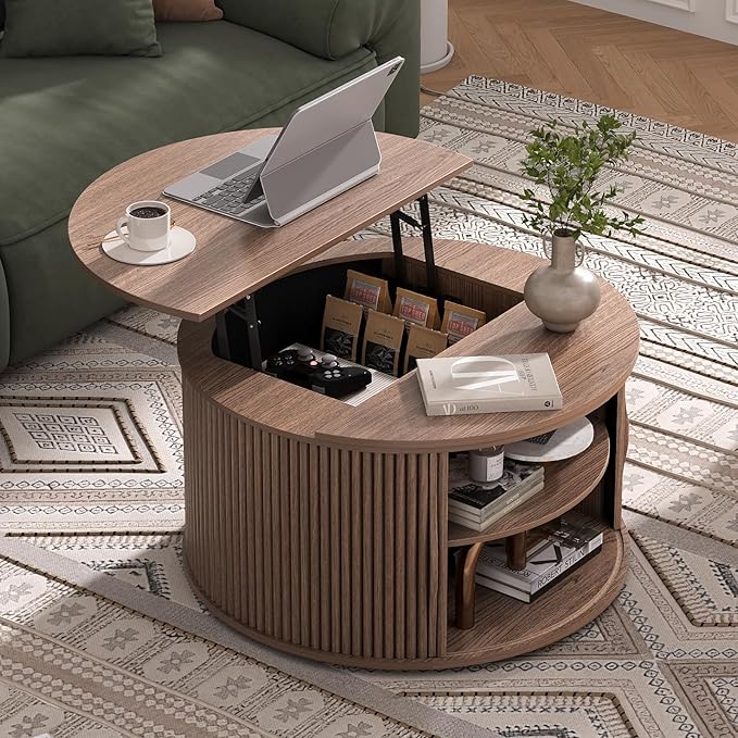 SULIVES Round Coffee Table with Lifting Top, Multifunctional Drum Coffee Table with Sliding Door, Small Fluted Center Table for Living Room, Walnut