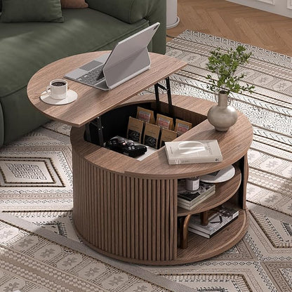SULIVES Round Coffee Table with Lifting Top, Multifunctional Drum Coffee Table with Sliding Door, Small Fluted Center Table for Living Room, Walnut