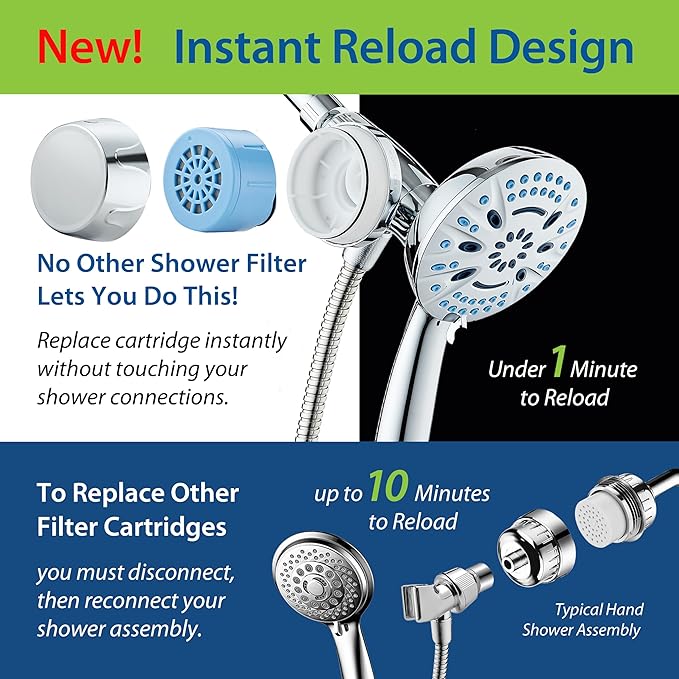 AquaCare Magneton 8-setting Magnetic Docking Hand Shower with Built-in Shower Filter - On/Off Filtration Modes, Instant Cartridge Reload, Stay-Clean KDF Cartridge, 6 ft. Steel Hose, Chrome Finish