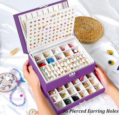 QBestry Earrings Jewelry Box for Girls, 5 Layers Jewelry Organizer with Earring Holder Organizer for Girls Earring Organizer Jewelry Boxes for Women Earrings and Necklaces Jewelry Box Organizer Purple