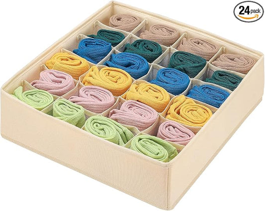 Foldable Storage Cubes Drawer Underwear Organizer Dividers， under Cabinet Organizer 24-Cell Fabric Storage Boxes for Lingerie,Socks,Ties（Creamy-White）
