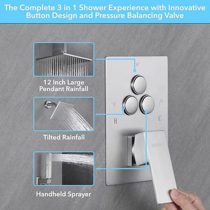 VANFOXLE Shower Faucet Set Brushed Nickel Shower System, Push Button Diverter Shower Faucet with Trim Kit, Ceiling Mount 12 Inch Shower Head Increased Thick, 6 Inch Side Shower Head, 2-in-1 Handheld