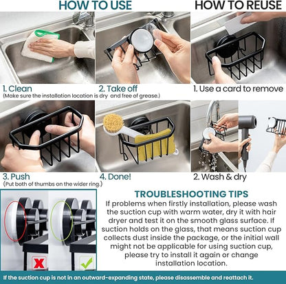 TAILI Sponge Holder for Kitchen Sink with Strong Suction Cup, Rustproof Aluminum Sink Caddy for Sponges, Brushes, Stoppers & Scrapers, Black