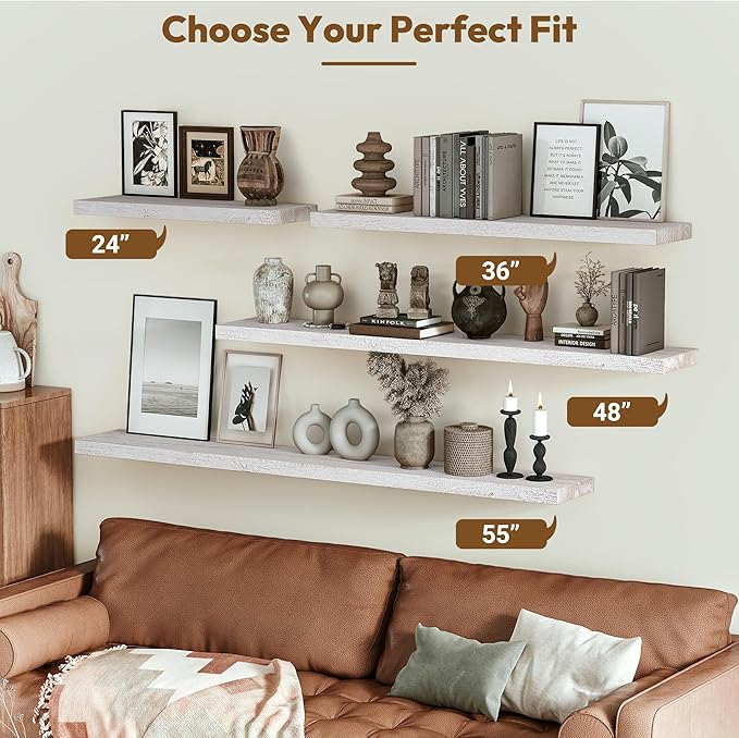 Vivelove Floating Shelves for Wall Solid Elm Wood, 24 Inches Long Rustic Wall Shelf with Invisible Bracket for Living Room Bedroom Bathroom Office, Farmhouse Wall Decor, Set of 2 - Weathered White