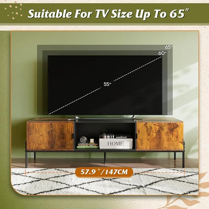 WLIVE 58" TV Stand for 65 Inch TVs, Mid Century Modern Entertainment Center with 2 Storage Cabinets & Open Shelf, Media Console Table with Metal Legs for Living Room, Bedroom, Rustic Brown