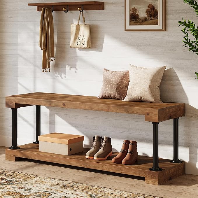 Tribesigns Solid Wood Entryway Bench with Shelf, 63" Industrial Storage Bench with Thickened Metal Tubing, Supports 300 lb and Easy Assembly (Vintage)