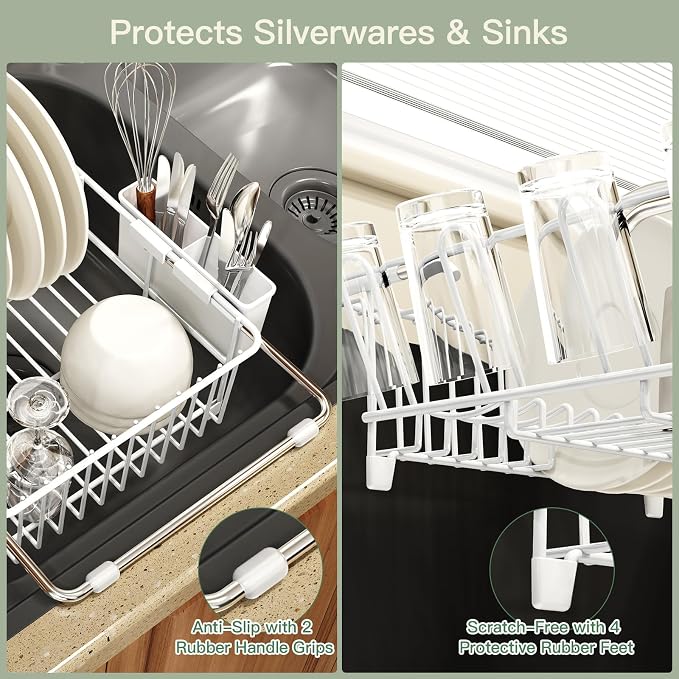 MAJALiS White Dish Drying Rack Over The Sink with Utensil Holder | Expandable Stainless Steel Dish Drainer for Small Kitchen, Apartment, RV, Counter Space Saving, Perfect Fit, Rustproof