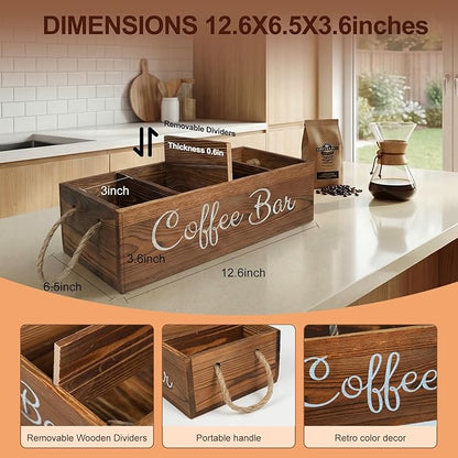 QUALLON Coffee Station Organizer with Small Removable Dividers, Wooden Coffee Bar Accessories Storage For Countertop, Farmhouse Kcup Coffee Pod Holder Basket With Handle For Coffee Lover