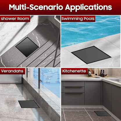 DLONE Square Shower Drain | 6 Inch AISI 304 Stainless Steel Shower Drain with Tile Insert Panel, Matte Black Shower Floor Drain in Bathroom, Balcony etc