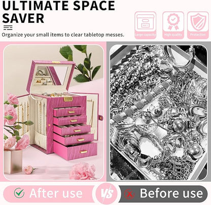 AKOZLIN 6-Tier Jewelry Box Lockable Leather Jewelry Storage Case with 5 Drawers for Women Girls Ring Necklace Earring Bracelet Holder Organizer with Mirror Rose