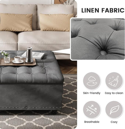 FUXA 35 Inch Large Square Ottoman with Storage, Oversized Ottoman Coffee Table with Lift Top and Wood Legs, Tufted Upholstered Storage Ottoman Bench for Living Room (Gray)
