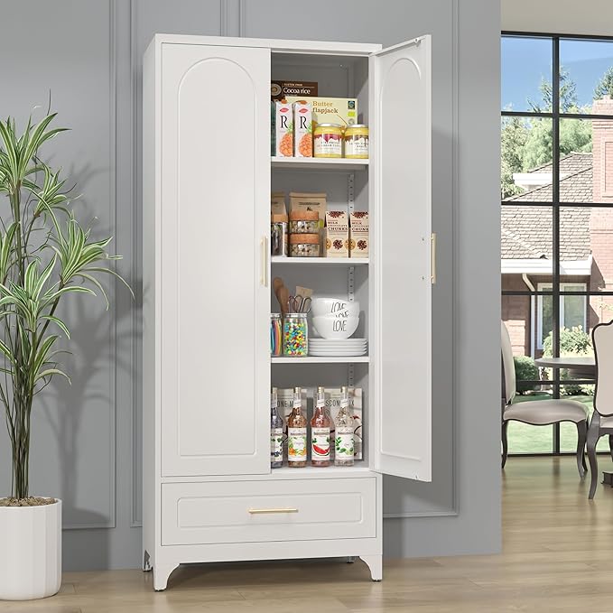 Metal Storage Cabinet with Drawers,75Inch White Pantry Cabinets for Kitchen Storage with 3 Adjustable Shelves,Tall Kitchen Pantry Cabinet for Living Room, Dining Room Office