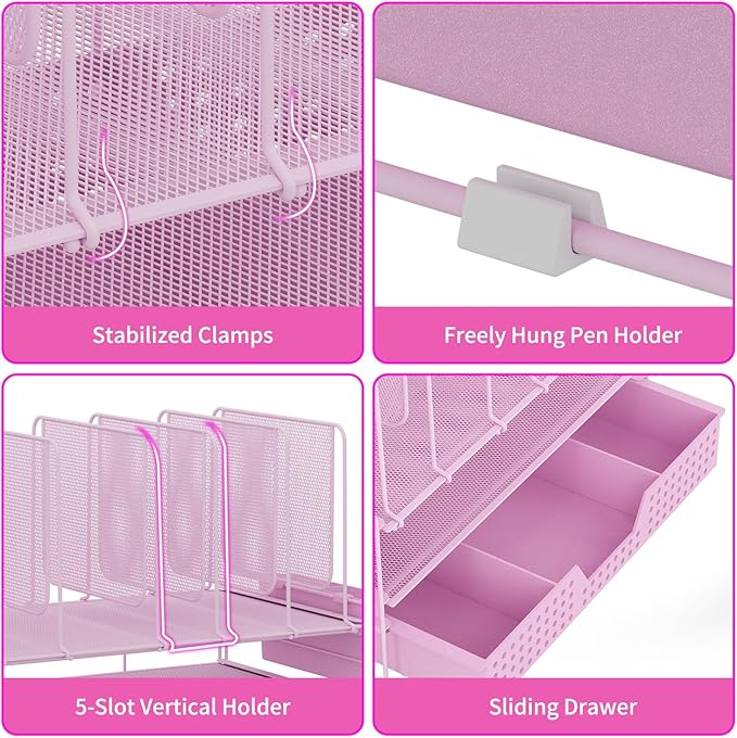 Pink Desk Organizer, Office Organization with Vertical File Holder, File Organizer with Drawer and Pen Holder, Desk Accessories and Workspace Organizers for Home Office (Pink)